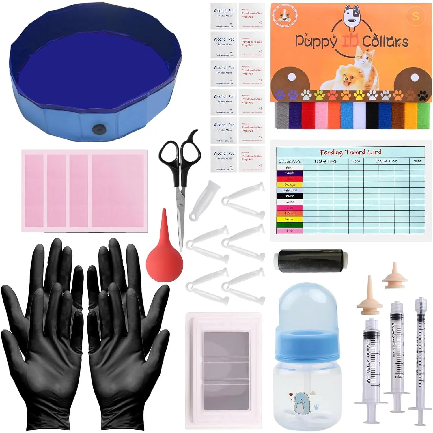 Whelping Kit for Puppies Birth, Birthing Supplies for Newborn Puppies and Kittens, Includes Whelping Collars Record and Birthing Box for Dogs Cats Feeding Supplies
