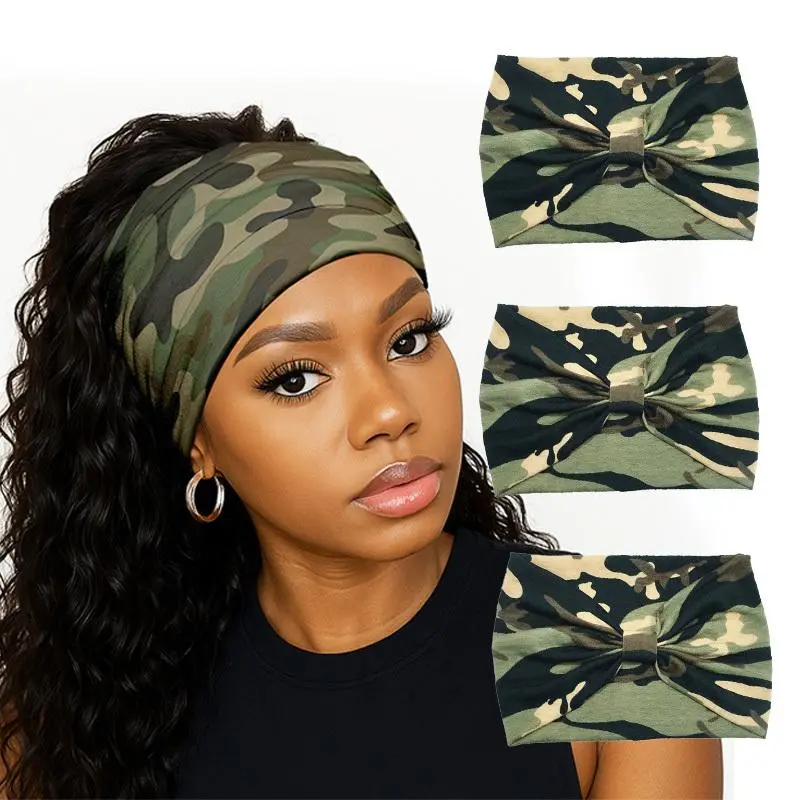 3Pcs/Pack Camouflage elastic wide headband, breathable and sweat absorbing soft knotted headband, suitable for both men and women, suitable for yoga, running, cycling, and fashionable hair accessories suitable for all seasons