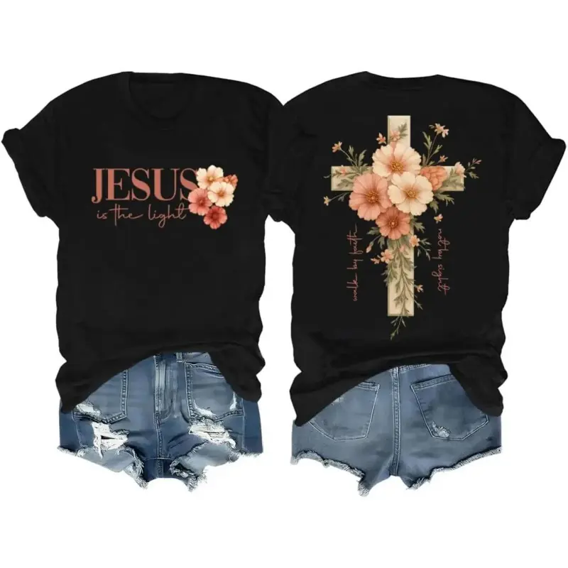 Women's Christian Graphic T-Shirt - Floral Cross Print, Casual Loose Fit Short-Sleeve Crewneck, High-Quality Comfortable Fabric, Women's Clothes, Shortsleeve, Round Neck, Tops, Crew Neck