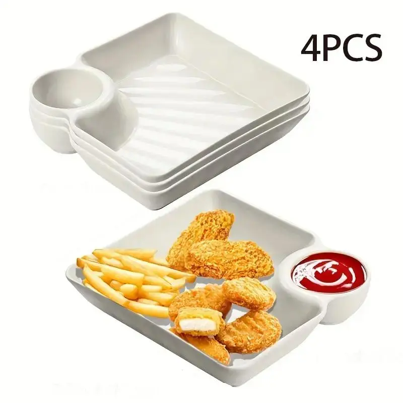 4-Piece Plastic Dumpling Plates with Sauce Compartment, Salad Serving Plates, Snack and Sushi Dishes for Appetizers, Tortilla Dip, Fruit, Parties and Picnics, Plastic Plates For Party