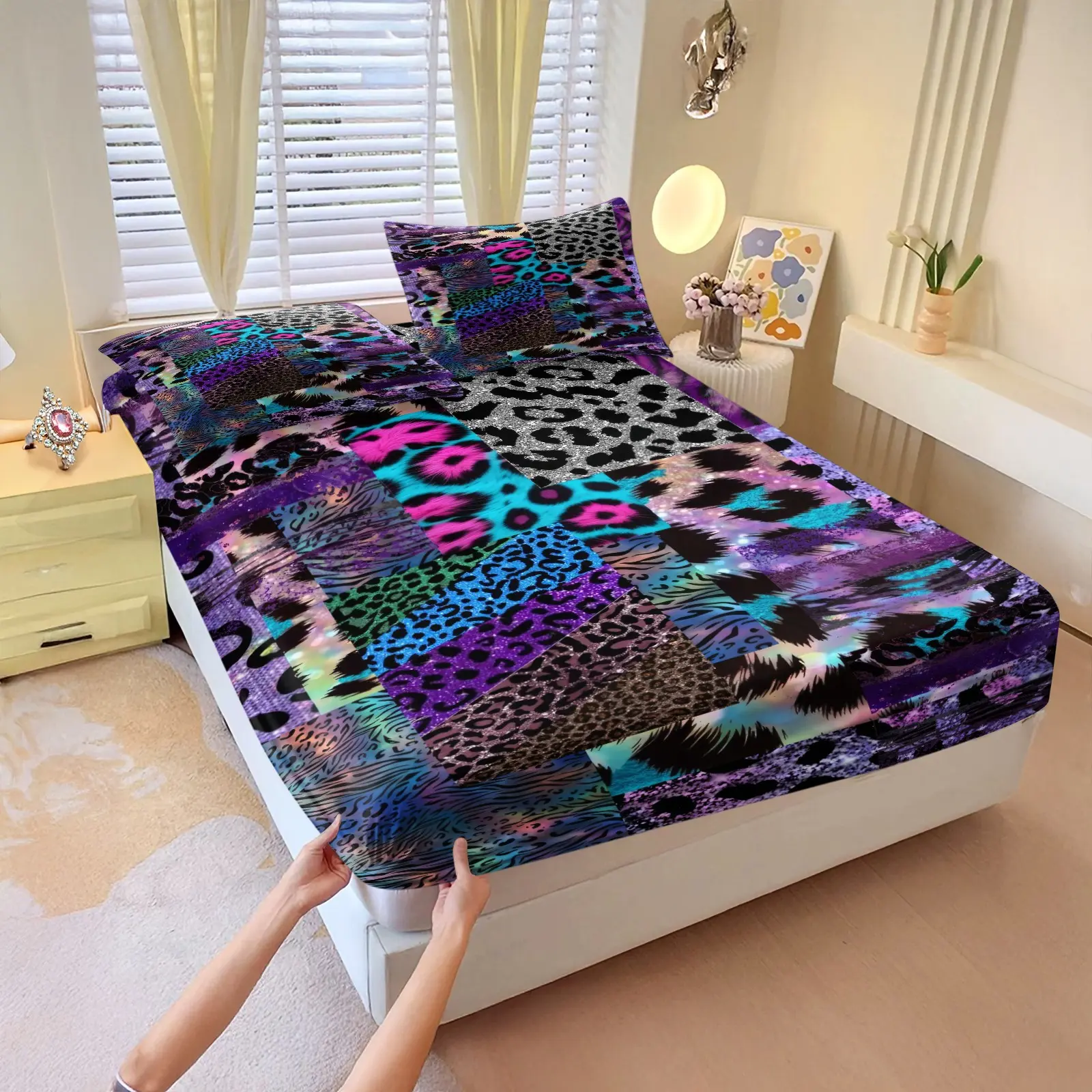 Multiple Animal Print Patchwork Pattern Fitted Sheet Set, 3Pcs Digital Print Bedding Set, Soft Breathable Fitted Sheet, Bold Y2K Aesthetic Bed Linens for Teen Girls Bedroom Decor. 2 Pillowcase, No Filling