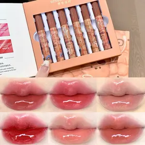 Sensory Party Glossy Lip Gloss Gift Box With Pink Lip Brush, Korean Style Whitening Lipstick, Non-stick Cup, Christmas Present Set