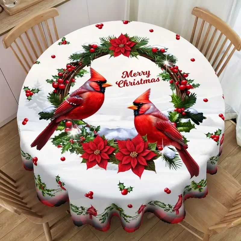 2D Flat Party Tablecloth 1pc, Christmas Round Tablecloth, Poinsettia Design, Ideal for Winter Decor, Indoor/outdoor Parties, Farmhouse Style