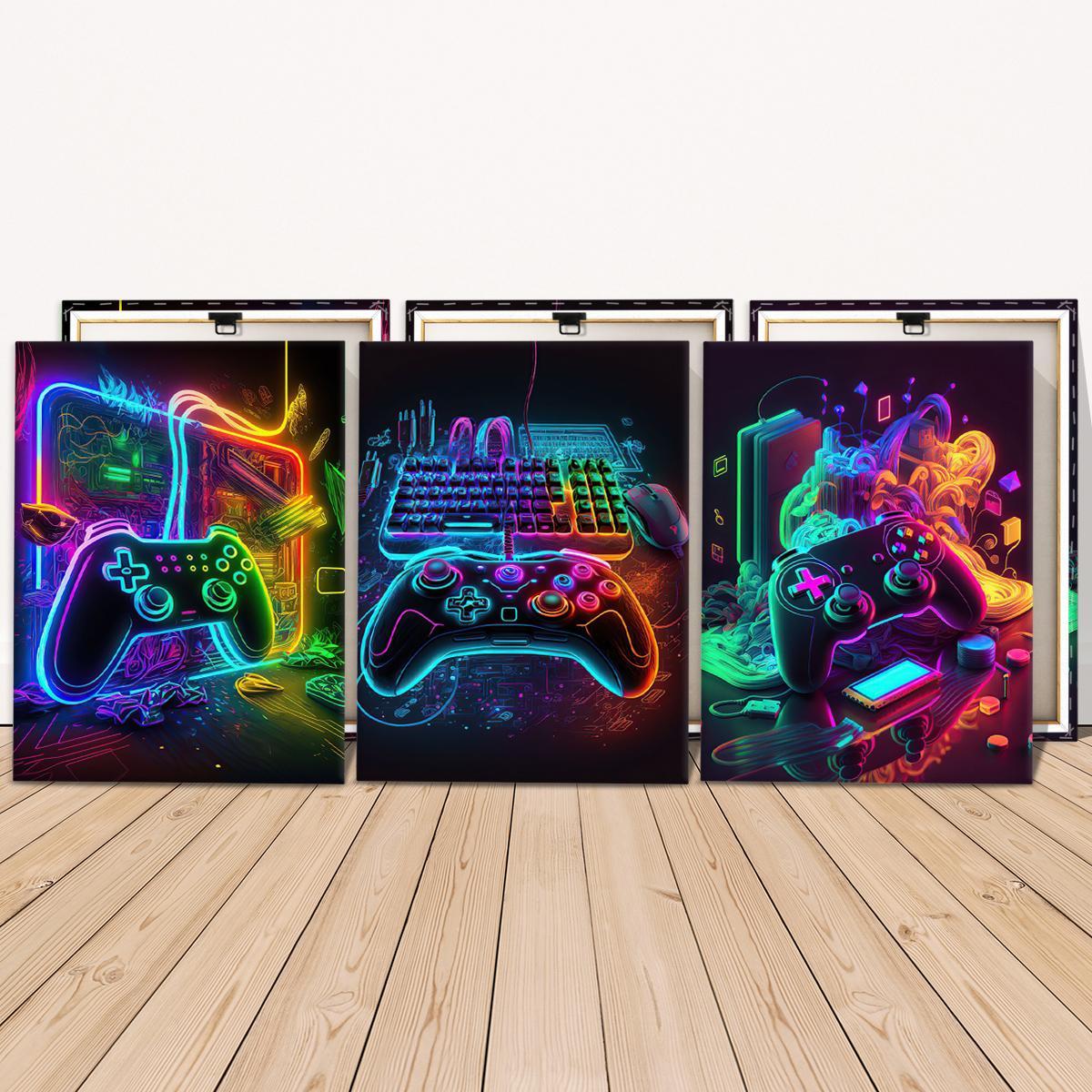Modern Neon Gamepad Lightsaber Man Pattern Canvas Painting with Frame, 3 Counts/set Artistic Modern Wall Art Painting, Wall Art Decor for Home Living Room Bedroom Office, Wall Art Decoration