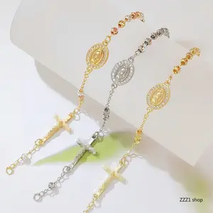 Catholic Rosary Bracelet for Women 14K Gold Plated Virgin Mary Miraculous Medal Cross Charm Bead Link Chain Religious Baptism Gift