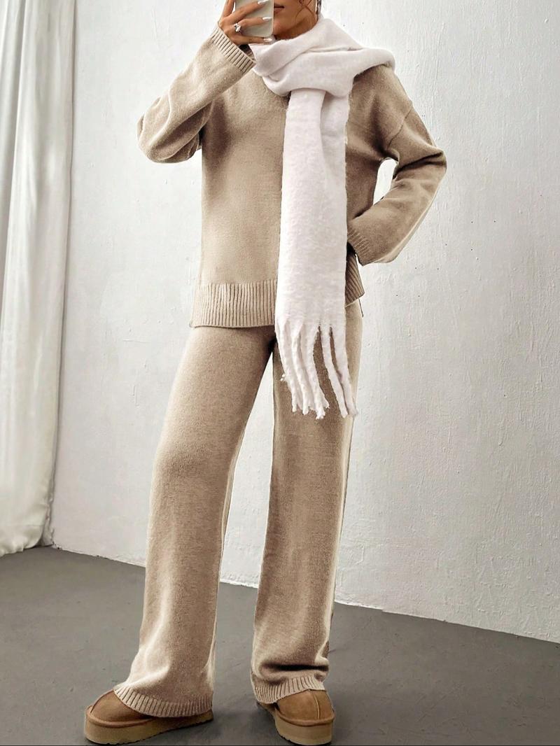 【Plus Size】 Two-Piece Set Women's Solid Color Sweater & Pants, Casual Fashion Knitwear Set for Daily Outdoor Wear, 2 Piece Sets Women, Women Knitwear for Fall & Winter