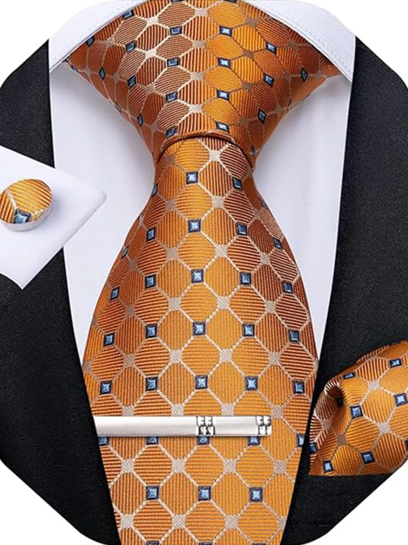 Men's Plaid Tie Set, Polyester Check Tie, Handkerchief, Cufflinks, Tie Clip, Elegant Wedding & Business Wear, All Seasons