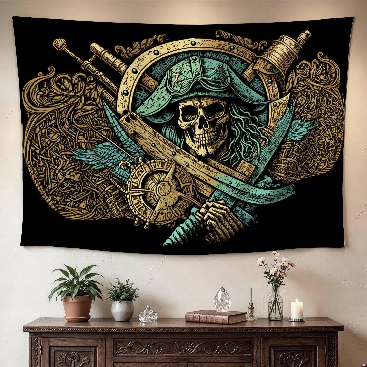 Vintage Nautical Captain Skull Compass Wall Tapestry - Large Printed Horizontal Synthetic Wall Hanging Artwork, Decoration, No-Installation Indoor-Outdoor Room/Dining Room Home Decor Gift for Family, Cold Wash Compatible