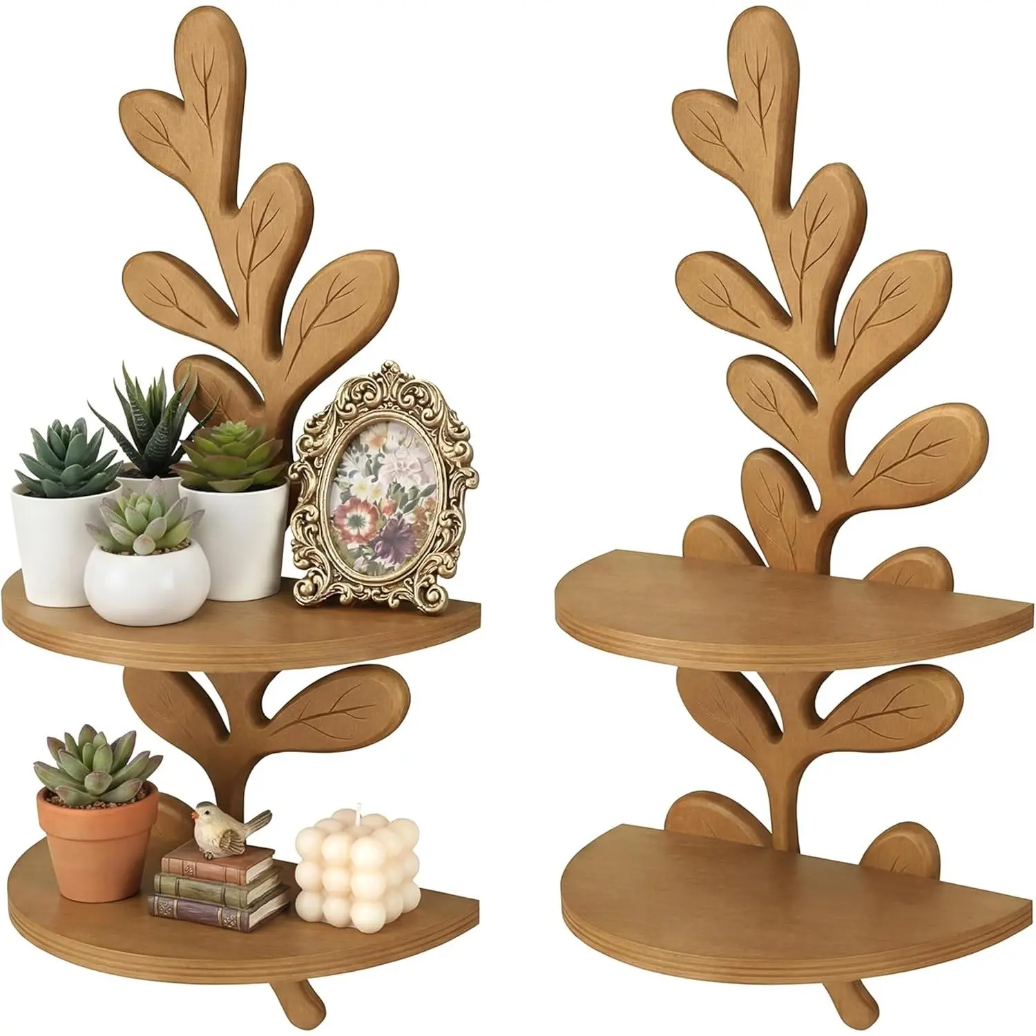 2 Pcs Leaf Shaped Wall Shelf Boho 18.5" Pine Wooden Floating Shelves 3 Tier Botanical Bohemian Display Shelf Mid Century Decor for Bedroom Living Room Office Holding Planter (Brown)
