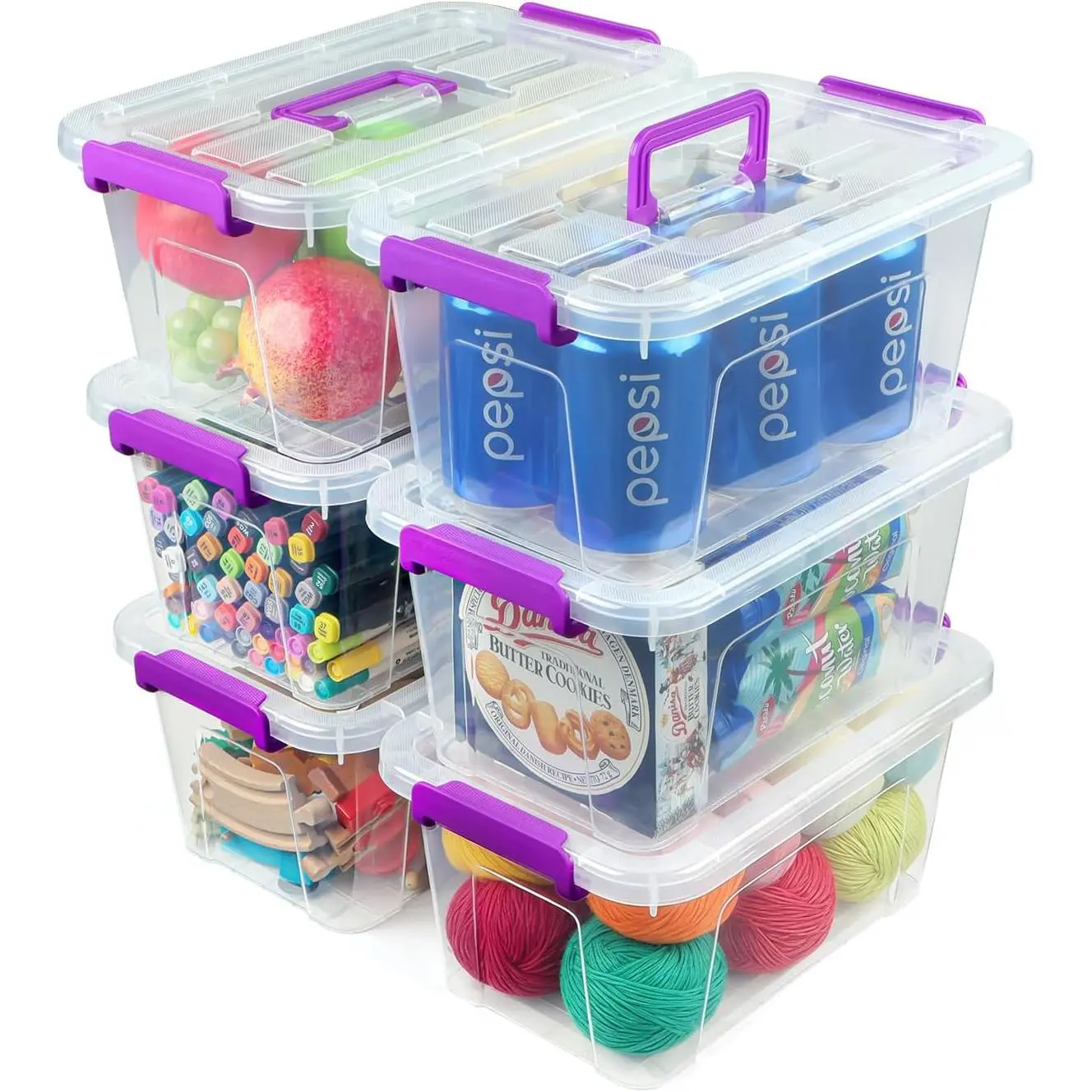 Plastic Storage Bins with Lids 6 Pack, 7 Quart Stackable Storage Containers with Buckle Latches, Heavy Duty Clear Organizer Bins for Home Office Supplies, Craft & Toy Storage, BPA-Free, Purple