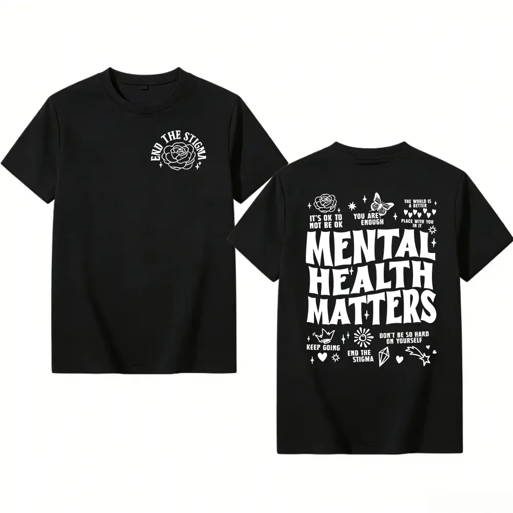 Mental Health Matters Graphic Tee, Casual Cotton Shortsleeve Round Neck Sports Top with Double-Sided Positive Affirmations