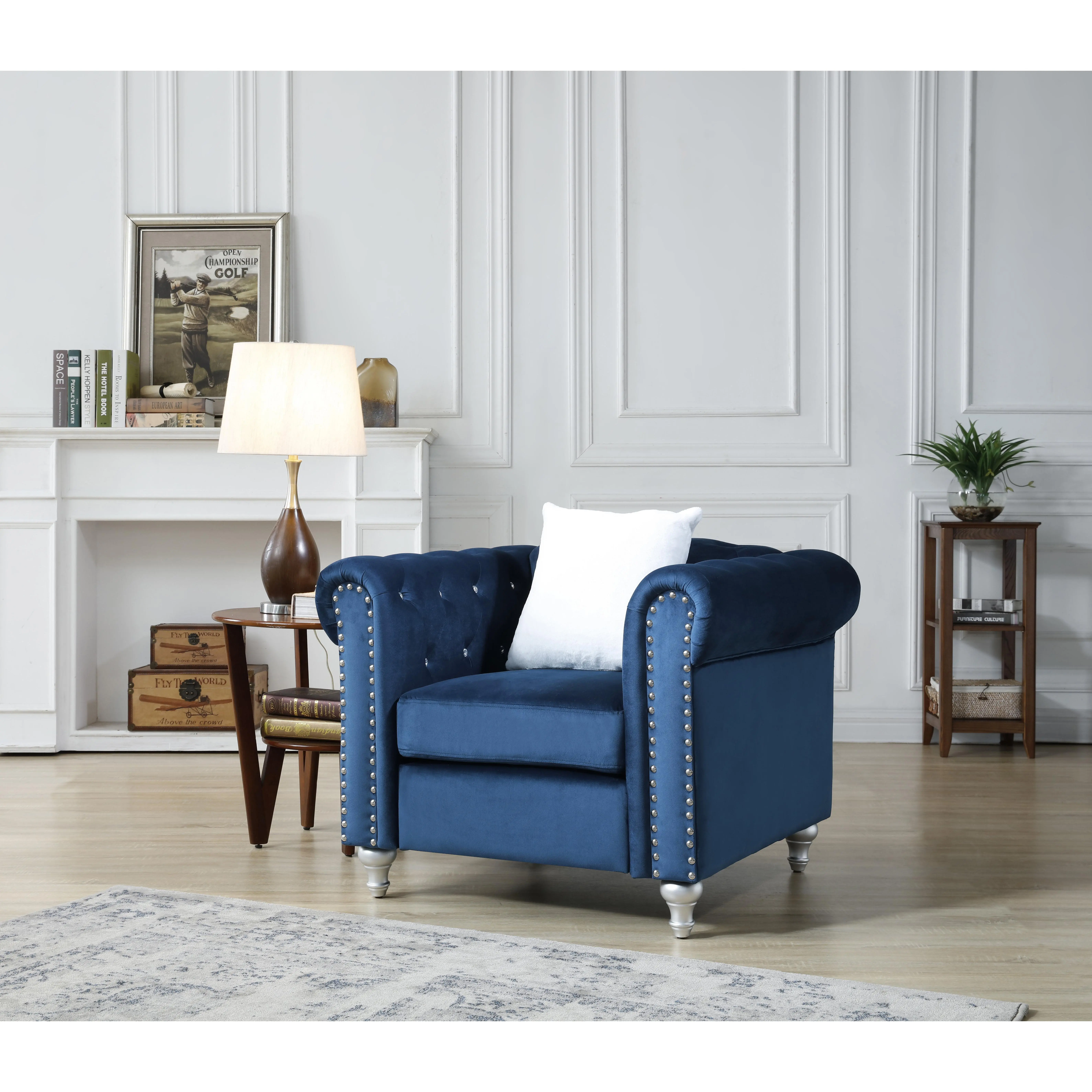 Nokaa Stylish Round Arm Navy Blue Chair - Velvet Upholstered Accent Armchair for Living Room, Bedroom, Dining Room, Home Office, Lounge - Single Seat Furniture with Foam Padding