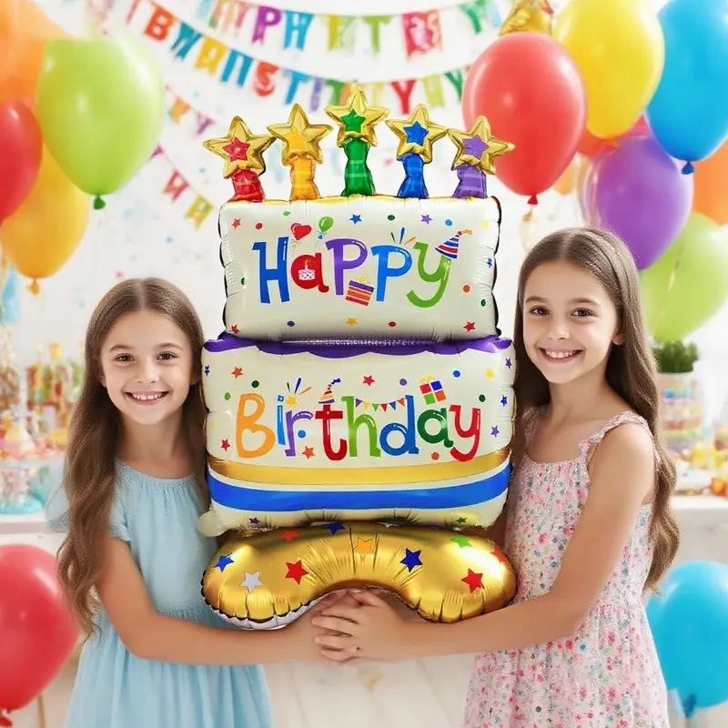 1 26inch colorful base cake foil balloon, printed with "Happy Birthday", featuring a cake design, suitable for summer parties, weddings, Mother's Day, and birthday celebrations, fun decorations, birthday party decorations, Party balloons