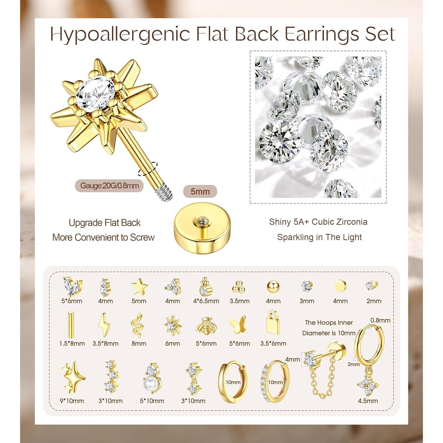 （ Not Sold In Pairs）Jstyle 25 Pcs Single-Earrings Hypoallergenic Earrings for Sensitive Ears Surgical Stainless Steel Earrings for Women Dainty Flat Back Earring Studs Hoop Cartilage Earring