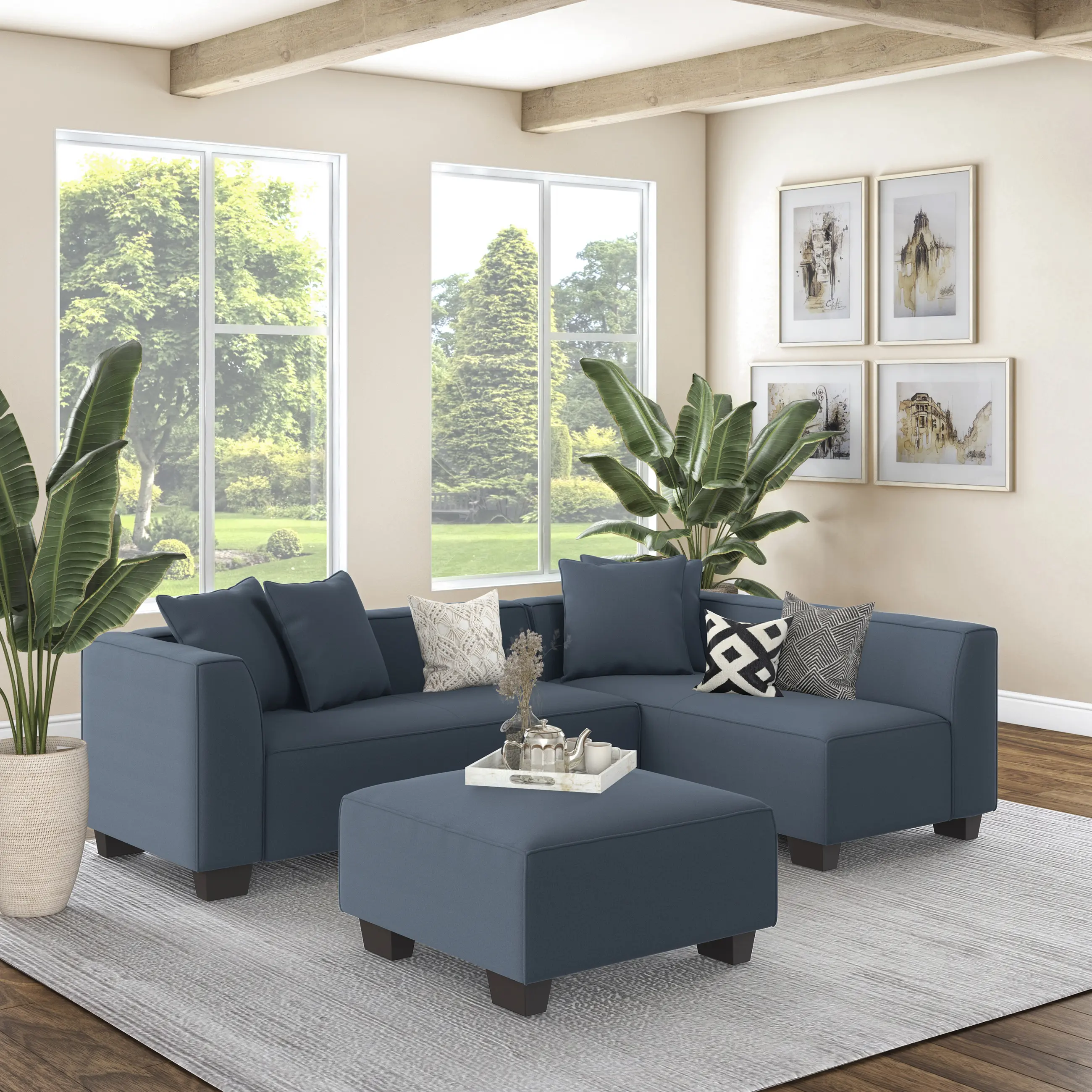 ARCH Modular L-Shape Sectional Sofa with Ottoman and Throw Pillows, Navy Blue Upholstered Couch with Black Plastic Legs, Convertible Living Room Furniture Set for Apartment, Family Room, Office Lounge, 1-Piece, Living Room Furniture for Apartment