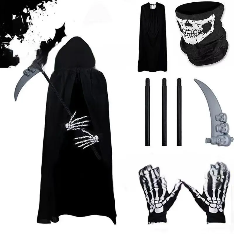 Halloween Party Adult Grim Reaper Cape Cloak Skull Mask Gloves Set, Halloween Costume Props Kit, Perfect for Horror Theme Events