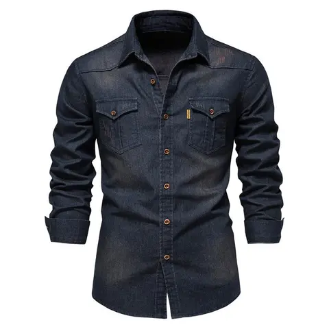 BIGWIG Mens Long Sleeve Fitted Denim Shirt - Slim Fit, Plain, Breathable, Button-Detail Top for Wedding, Work, Spring & Autumn Casual Wear