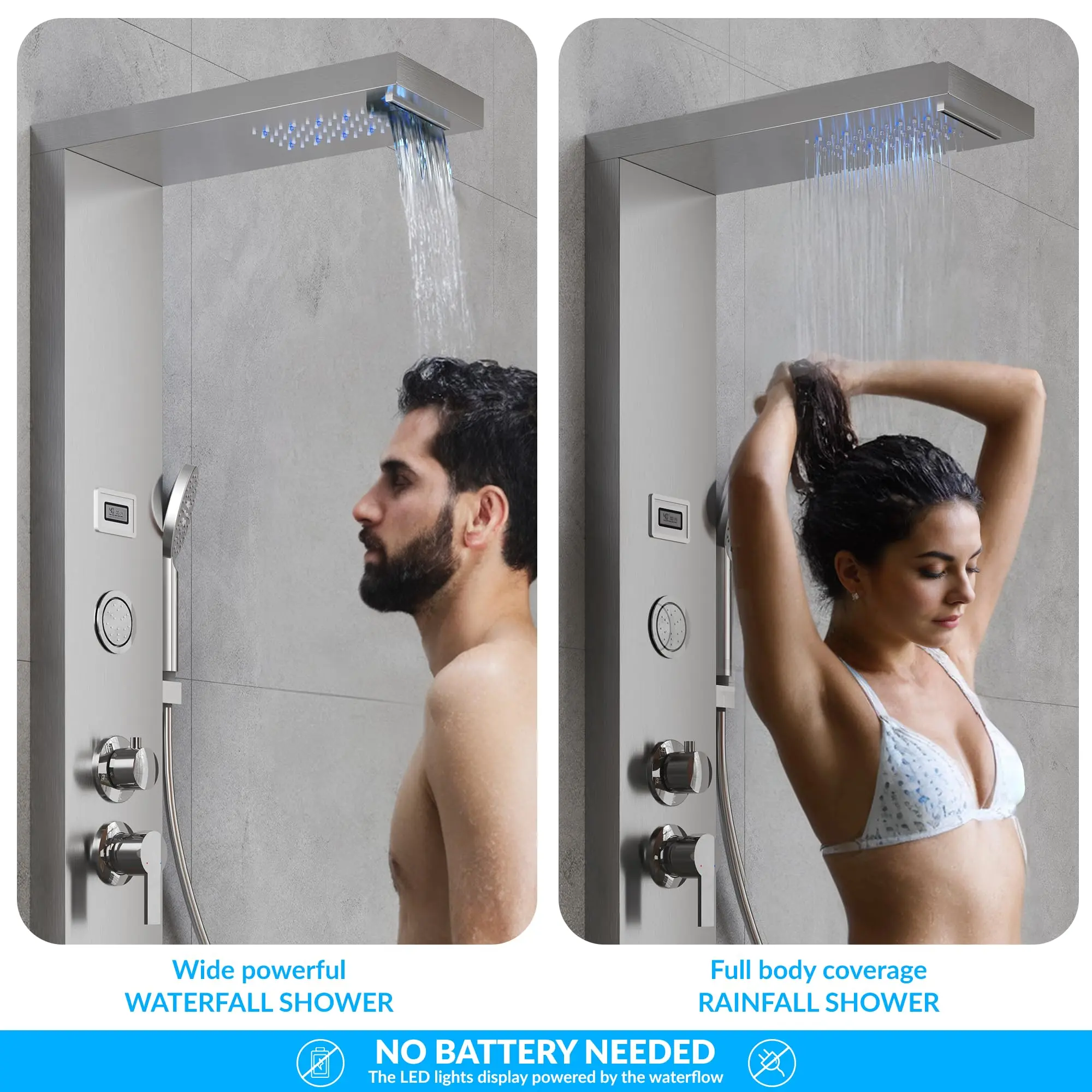 Luxury Brushed Nickel Stainless Steel Shower Panel Tower System - Rainfall & Waterfall Shower Head, Handheld Shower, 2 Body Jets, 3-Function Tub Spout, Wall-Mounted - High-quality Bathroom Fixture