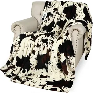 Cozy Soft Heated Twin Electric Blanket, 60"x80" Cow Print Flannel Sherpa Heating Blanket with 9 Heat Levels & 2/4/8/12H Auto-Off