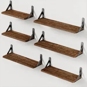 HOMEFURNISHING Wall Shelves Set of 6, Rustic Farmhouse Floating Shelves for Bedroom, Bathroom & Living Room, Brown