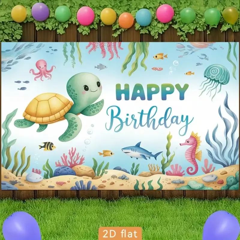Cute Turtle Underwater Birthday Banner, Polyester Background Cloth, Party Decor, Farm, Garden, Home, Club, Perfect Gift, No Power Needed