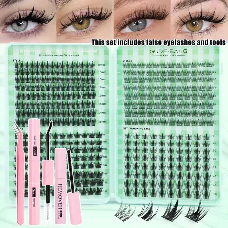 Fairy-style false eyelashes, Cosmetic, four styles, large volume, false eyelash extension sets, individual cluster packs, C-curl curved & DIY sets, suitable for daily use, parties