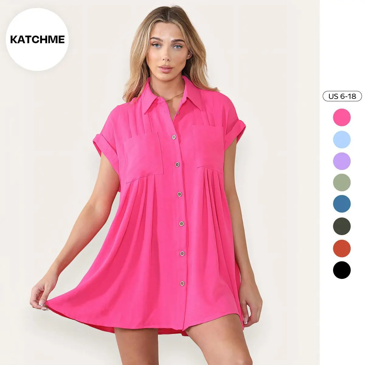 Katch Me Women's Solid Color Plicated Short Sleeve Button Through Shirtdress, Summer Collared Loose Holiday Dresses for Lady, Comfort Womenswear