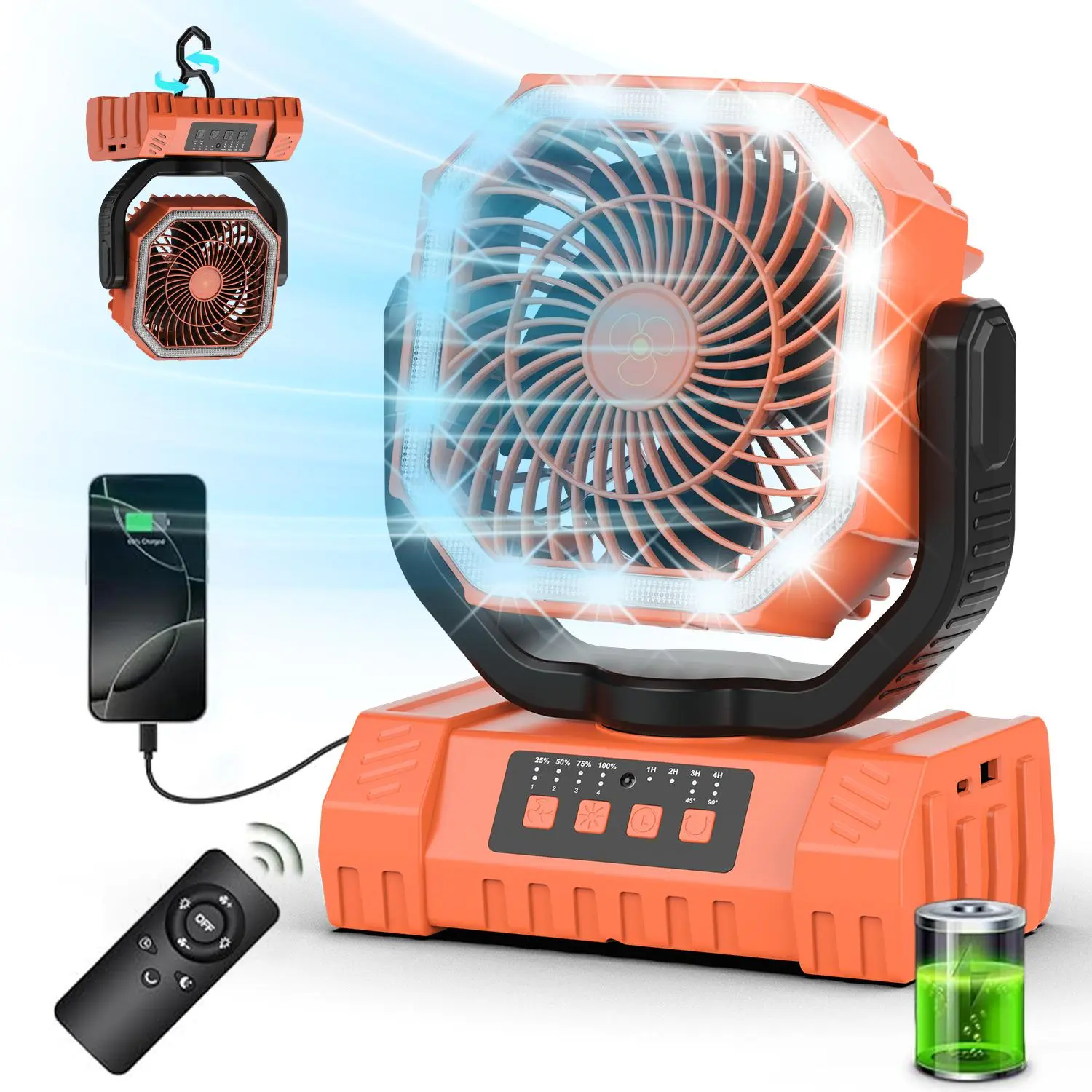 20000Mah Camping Fan with LED Light |   Brushless Motor with 4 Speed Settings |   90 °   Oscillating Portable Outdoor Fan |   13-59 Hours of Long-Lasting Power |   Suitable for Camping, Hiking, Picnics, And Emergency Situations
