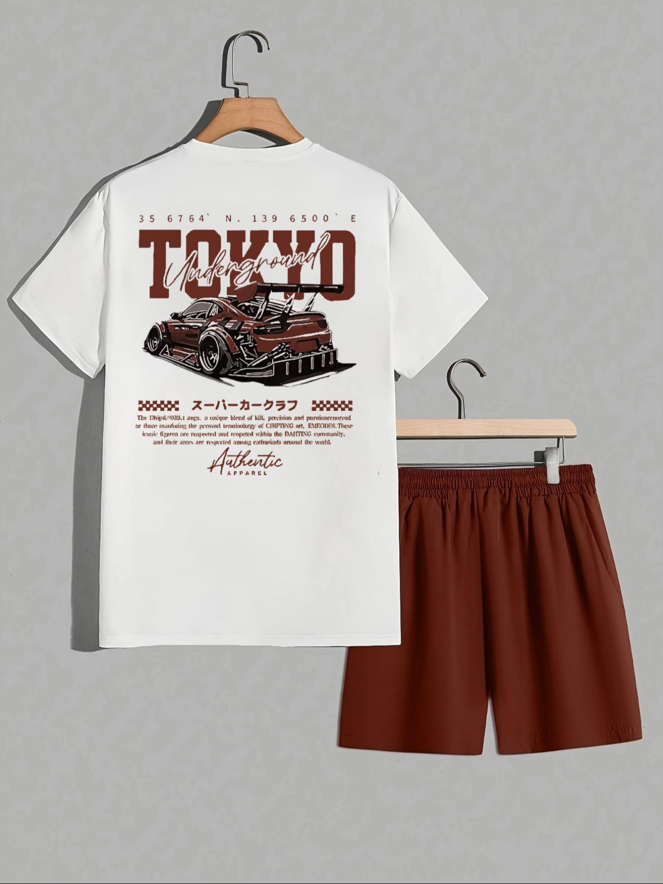 Two-Piece Set Men's Car Print Tee & Shorts, Regular Fit Casual Round Neck Short Sleeve T-shirt & Track Shorts, Men's Summer Clothes