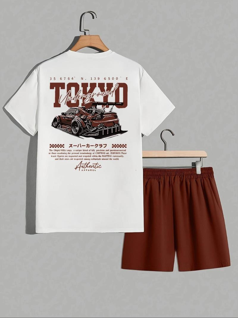 Two-Piece Set Men's Car Print Tee & Shorts, Regular Fit Casual Round Neck Short Sleeve T-shirt & Track Shorts, Men's Summer Clothes