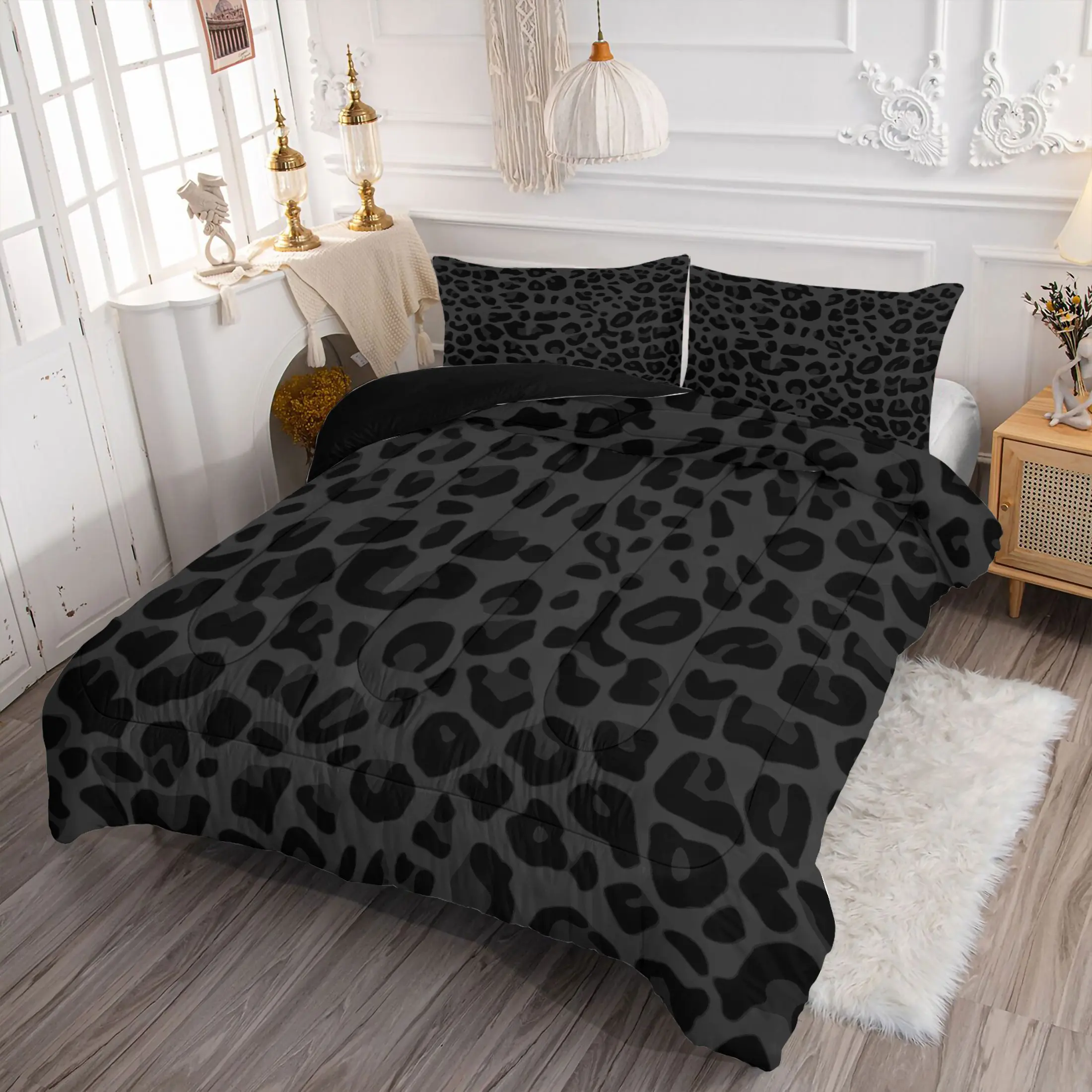 2/3Pcs Black Grey Leopard Print Comforter Set, Stylish Animal Bedding Set, Soft Microfiber 1 Quilt & 1/2 Pillowcase, Cool Aesthetic Fashion Room Decor for Teenagers & Adults, No Pillow Insert