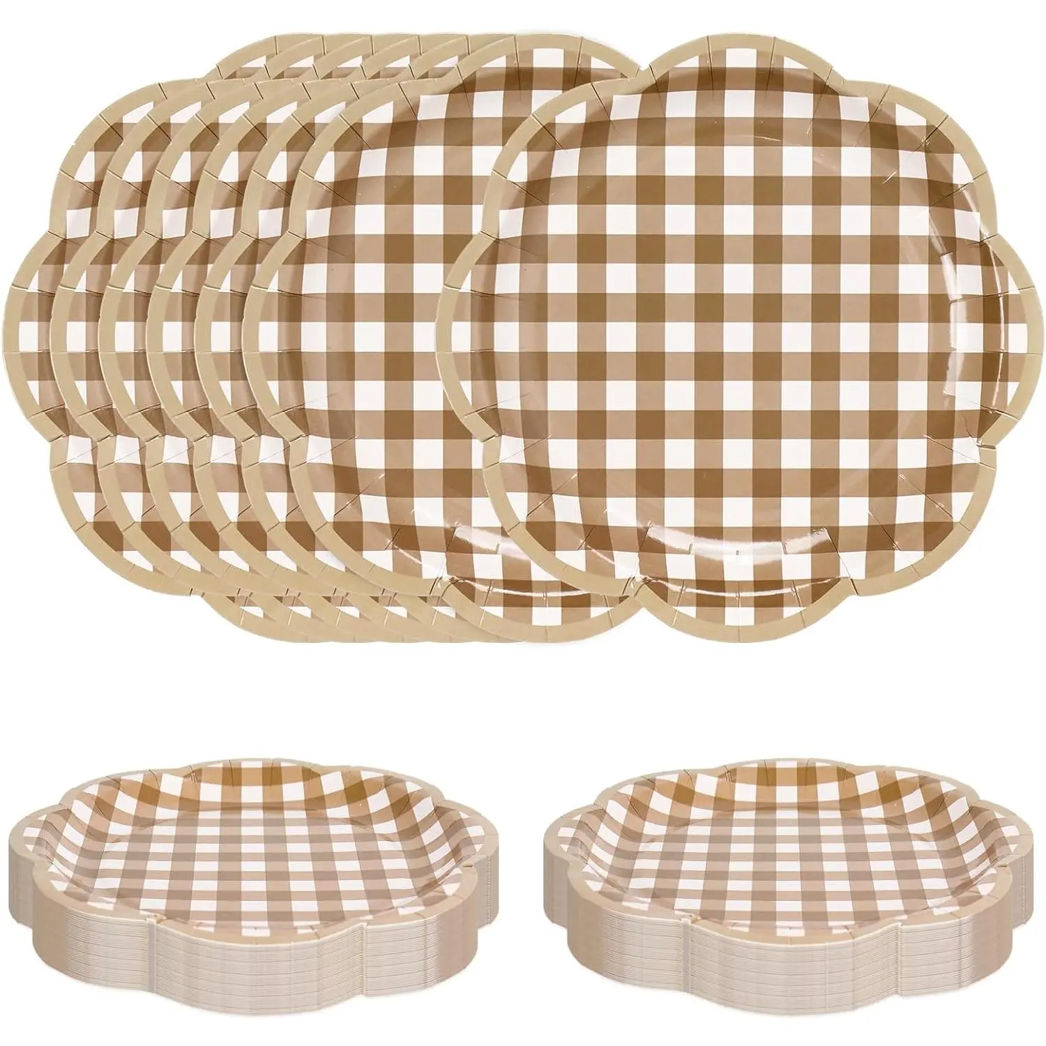 60 count Brown Gingham  Paper Plates Dessert Plates 7 Inch Brown White Scalloped Checkered Disposable Decorative Dinner Plate for Birthday  Shower Party Supplies