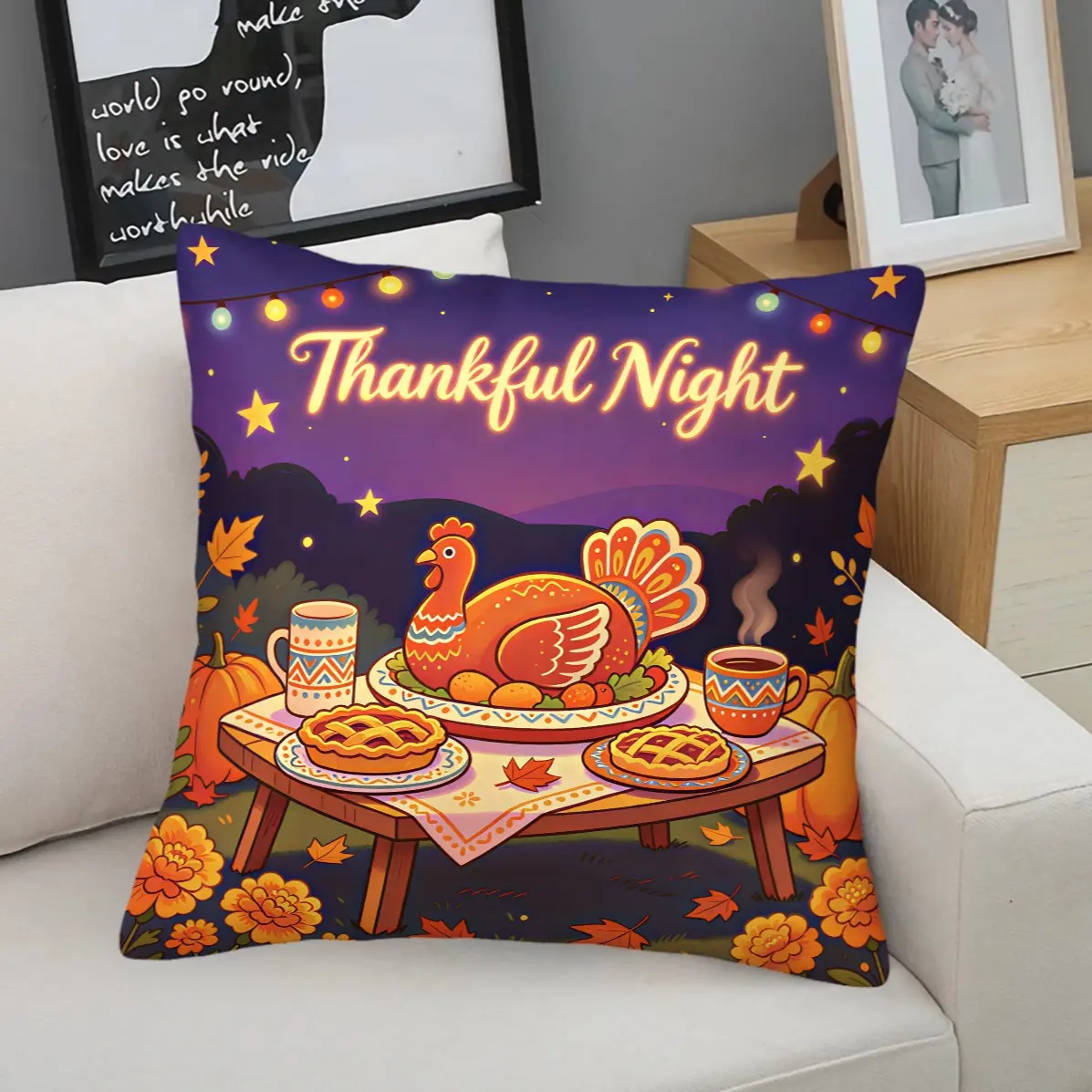 45x45cm 1Pc Thanksgiving Throw Pillow, Turkey Pumpkin Harvest Print, Warm Fall Home Decor Cushion With Insert