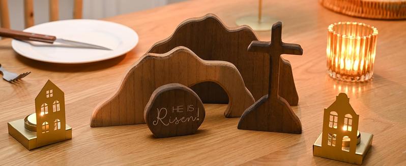 Empty Tomb Wooden Easter Resurrection Scene for Tiered Tray, Jesus Nativity Scene Decor for Religious Decorations, Home Office Tabletop, Shelf Decor