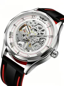Men's Mechanical Watch, Manual Winding, Waterproof Silicone Strap, Business Gift, Punk Style, Round Analog Face, Alloy Case, All Seasons