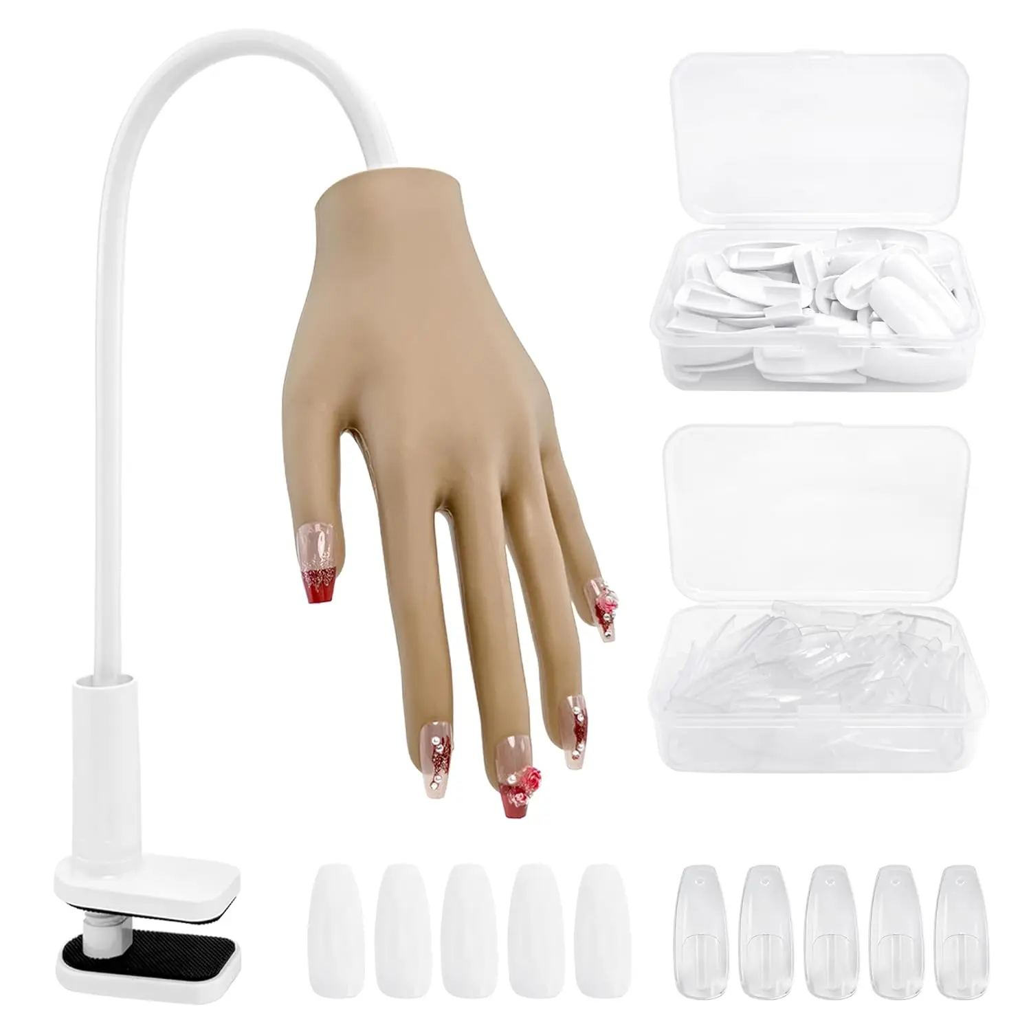 Manicure Practice Hand with 100 PCS Nail Tips, Silicone Acrylic Nails Mannequin Hand Flexible Adjustable Fake Hand for Beginners Filing Polishing Applying Nail Art
