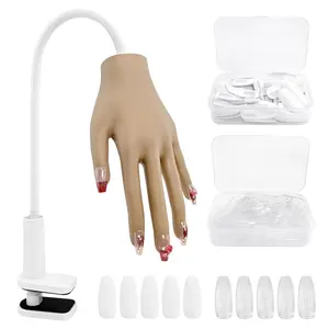 Manicure Practice Hand with 100 PCS Nail Tips, Silicone Acrylic Nails Mannequin Hand Flexible Adjustable Fake Hand for Beginners Filing Polishing Applying Nail Art