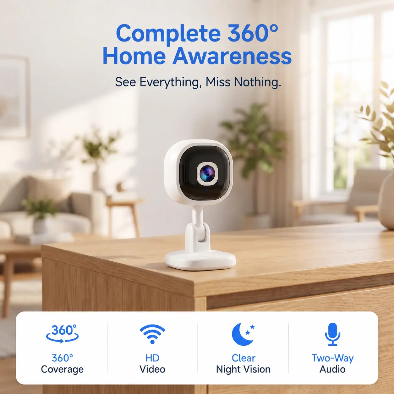 360 °   Rotating Smart Indoor Security Camera, WiFi Connection, Night Vision Two-Way Audio to Monitor Pets, Babies & Family