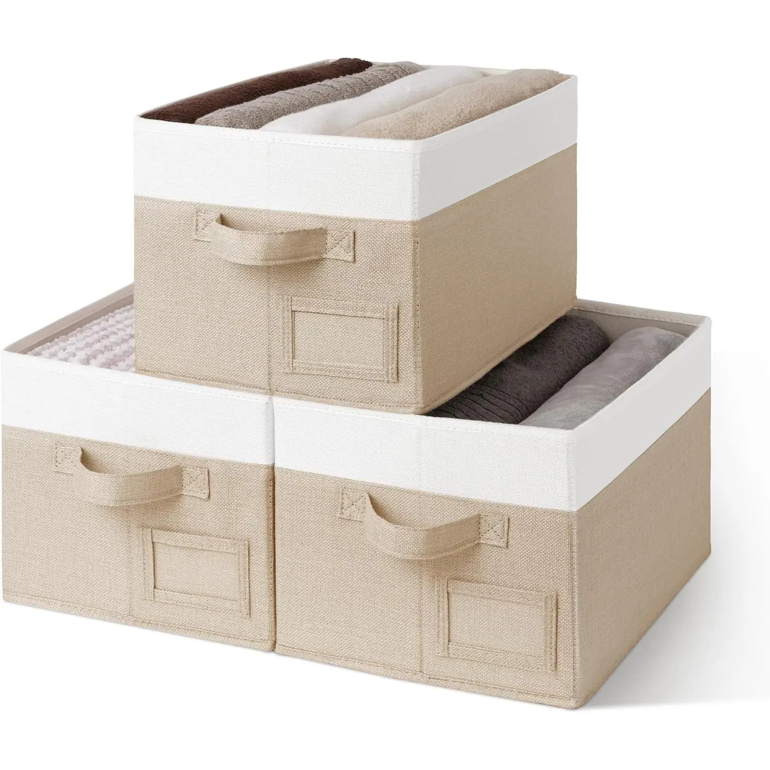 Closet Storage Bins, Storage Baskets for Closet, Fabric Bins for Clothes, Closet Organizer Bins, Khaki&Ivory, Medium, 3-Pack