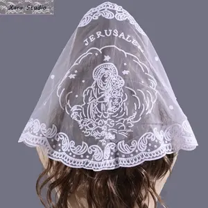 Women's Jerusalem Church Embroidered Catholic Virgin Mary Lace Mantilla Veil - Christian Infinity Scarf for Mass Pilgrimage (Sports & Outdoor Head Accessory)