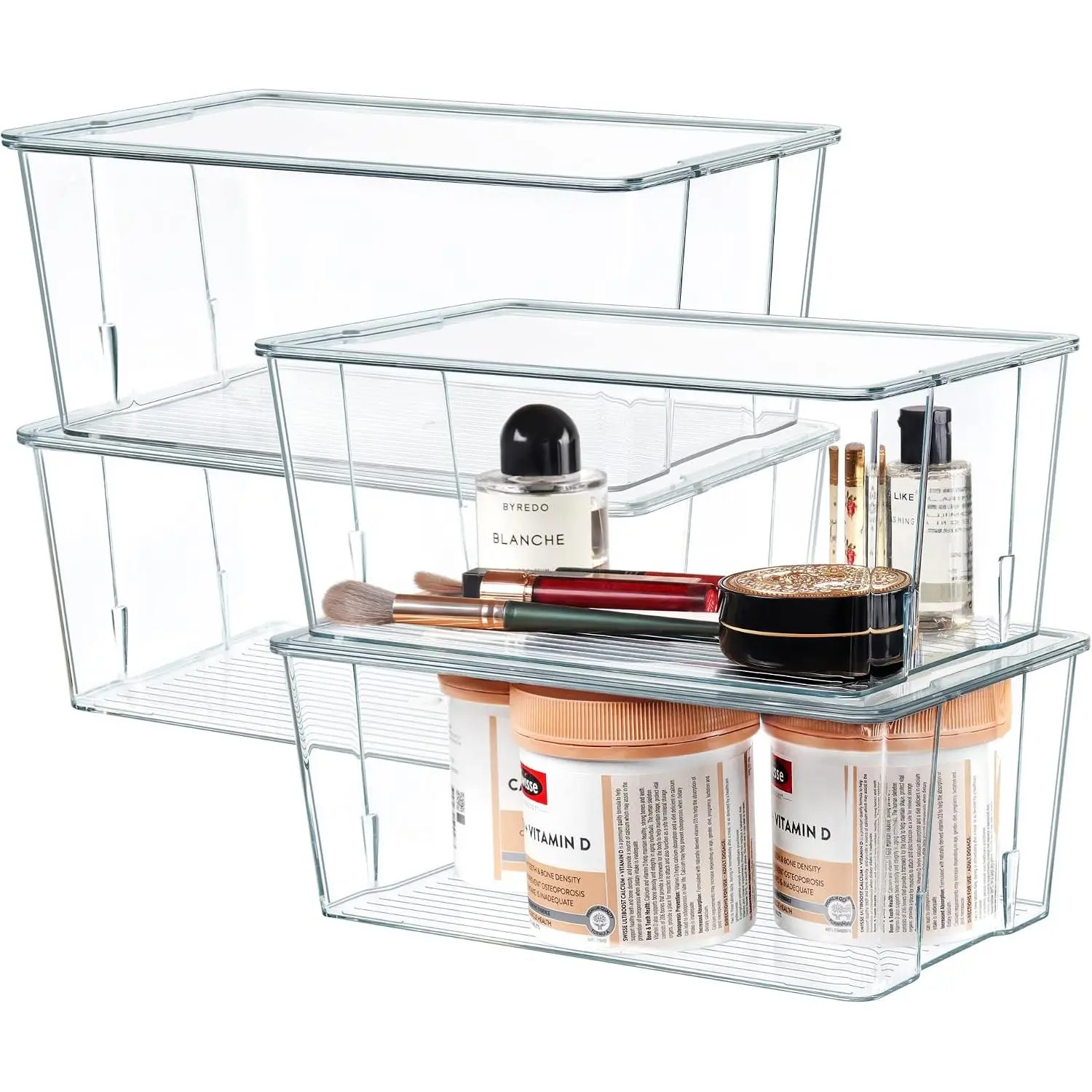 Clear Plastic Storage Organizer Bins with   for  Office, Kitchen, Cupboard, Pantry Shelves,  Cabinet, Craft Rooms - 4.5-Inches Tall - 4 Pack