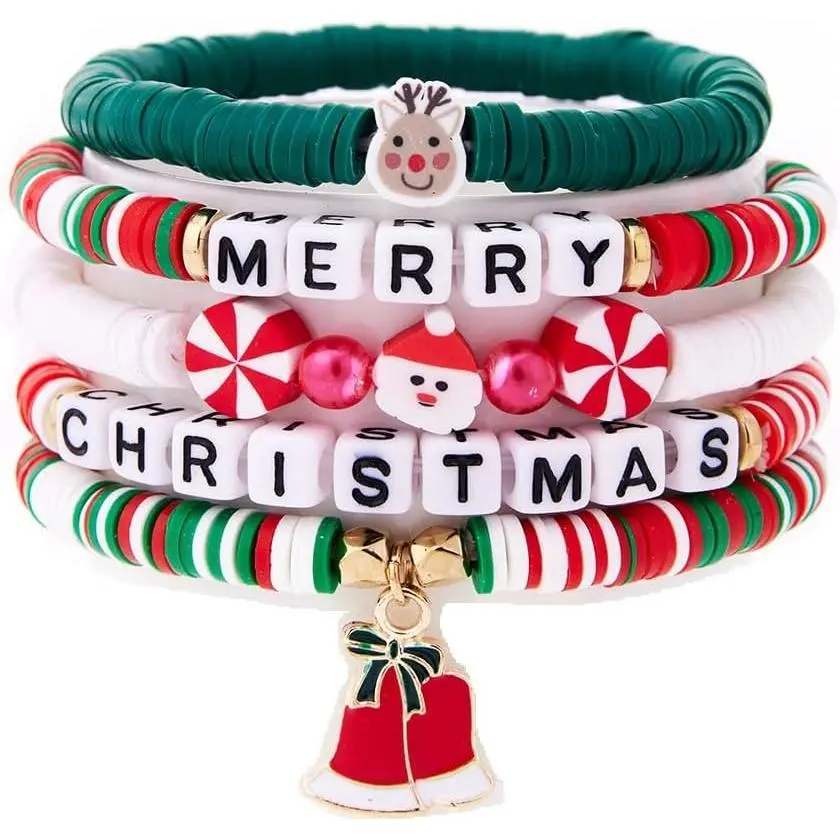 Christmas Thanksgiving Stackable Beaded Holiday Bracelets Set for Women Elastic Layering Colorful Heishi Vinyl Disc Clay Stretch Bohemian  Birthday Gifts