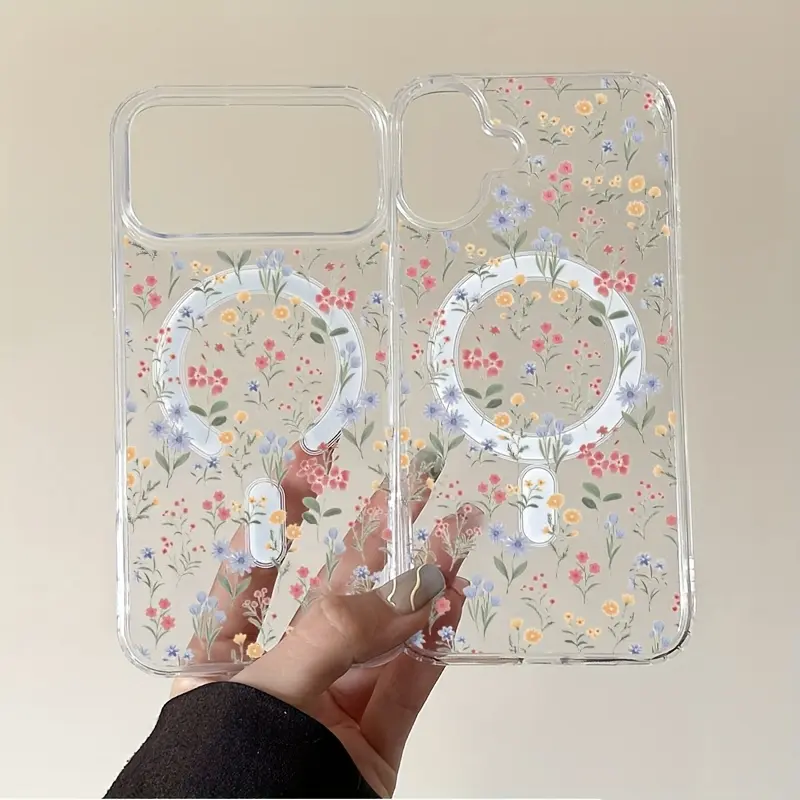 Magnetic Acrylic iPhone Case, TPU Shockproof Full-Coverage Frame, Translucent Base with Delicate Floral Branches & Leaves Phone Accessories for iPhone 17 E Air Pro ProMax, 16, 15, 14 Plus, 13, 12, 12 ProMax, 11, X, XS, XR, Flowers