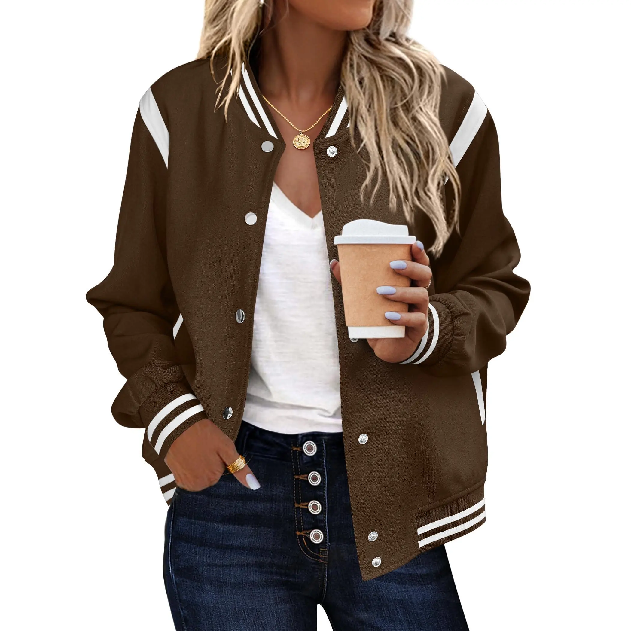 Zeagoo Women's Casual Collared Colorblock Bomber Jacket Lightweight Snap Outerwear Tops with Pockets Longsleeves Fall Fashion Outfit