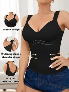 1/2 Pack Women Molded Cup Seamless Tank Top, U Shape Wide Strap Back Support Posture Vest, Gentle Tummy Control Everyday Layering Undergarment All Season Wear