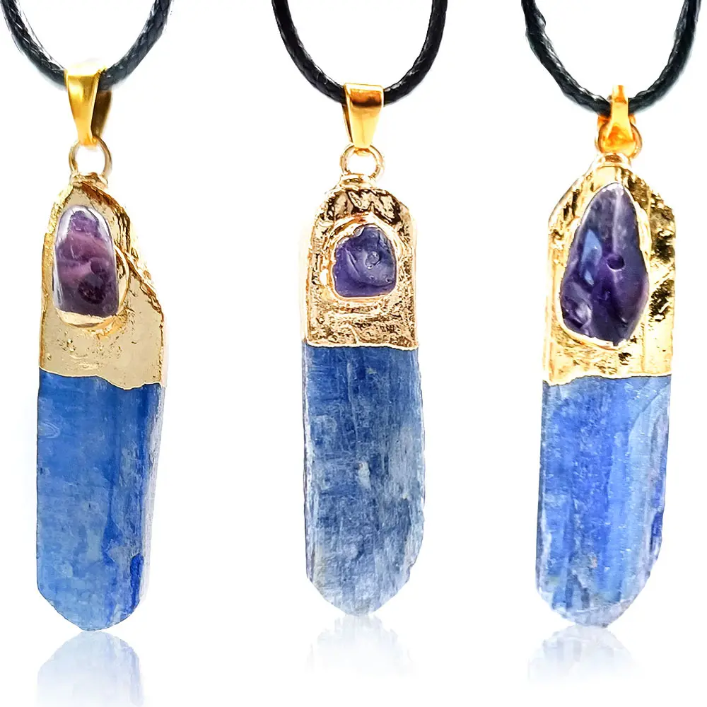 Natural Irregular Raw Mineral Pendant Necklace - Blue Kyanite with Inlaid Amethyst - Decorative Jewelry for Female Wear Casual Daily Outfits, Mineral Gemstones Fashion Accessory, No, Random Irregular Sizes, Casual Wear, Kyanite Gem, Decorative Gemstone, I