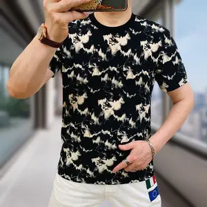 [Same-Frequency] 2026 New Round Neck Ice Silk Short Sleeve T-Shirt Summer Fashion New Men's Slim Fit Trendy Printed Thin Half Sleeve Top Base Shirt | Free gift Cuban Link Chain