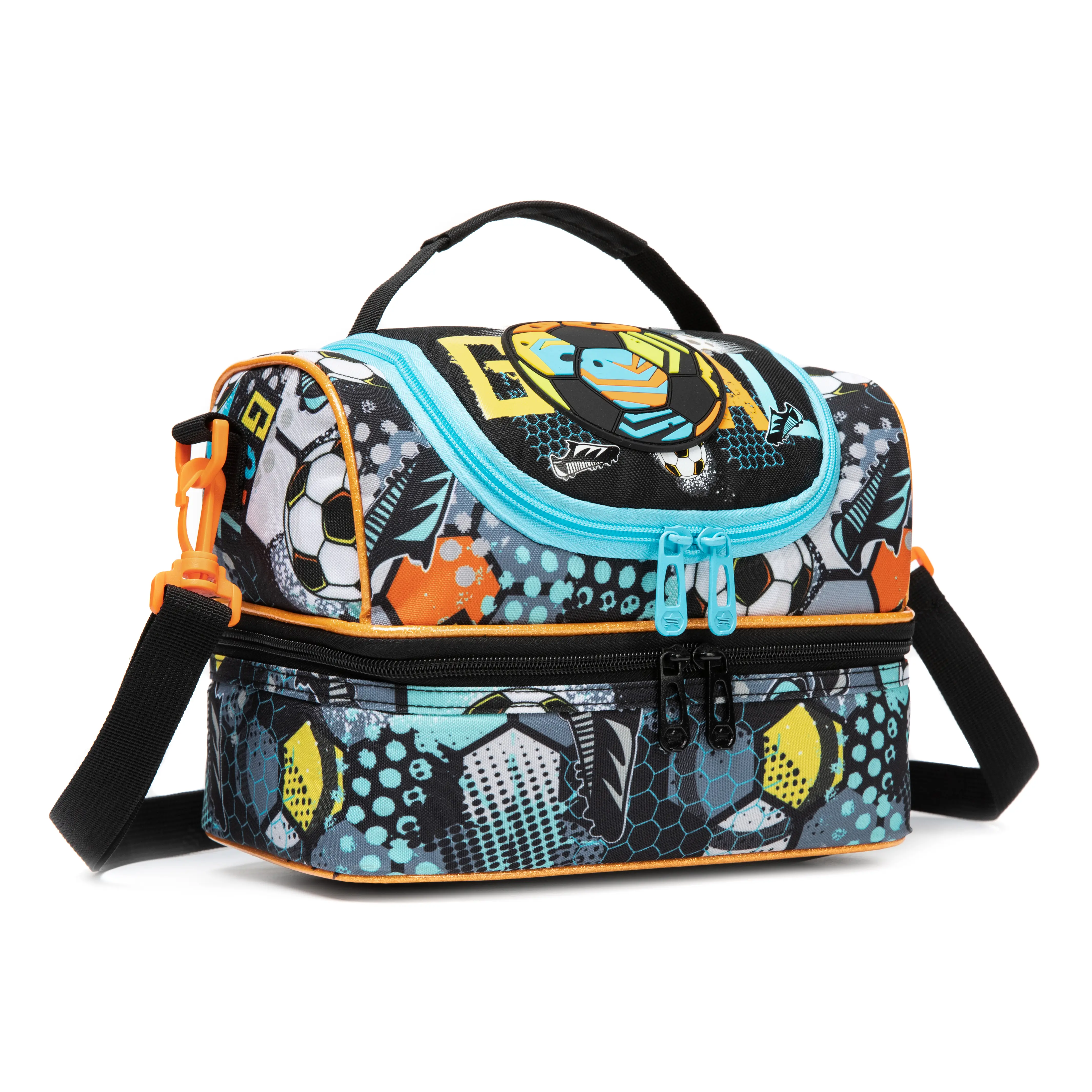 Double Layer Soccer Themed Insulated Lunch Bag, Graffiti Football Print Thermal Cooler Tote with Adjustable Shoulder Strap, Portable Food Bag for Boys School Sports Picnic
