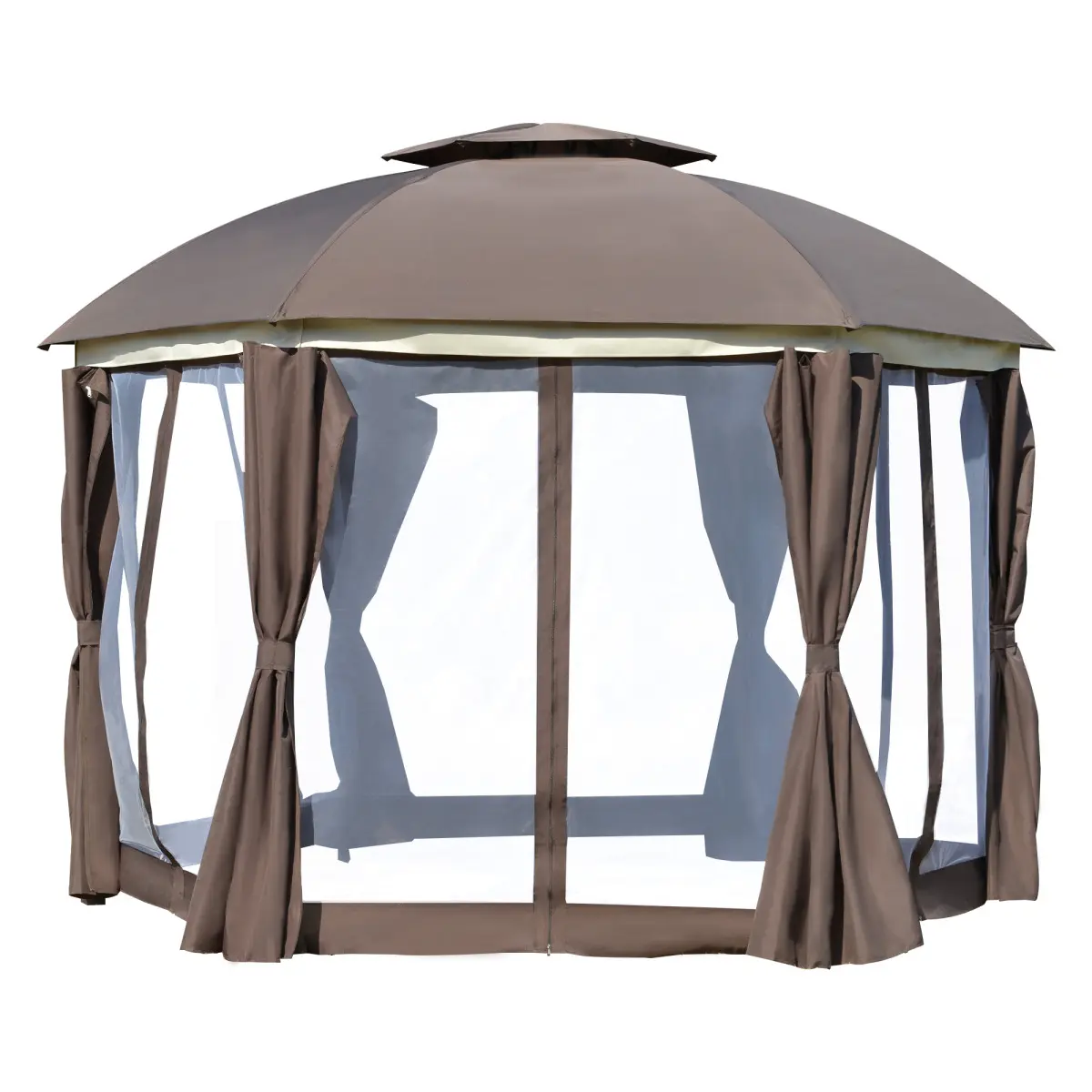 12' x 12' Round Outdoor Gazebo, Patio Dome Gazebo Canopy Shelter with Double Roof, Netting Sidewalls and Curtains, Zippered Doors, Strong Steel Frame, Brown
