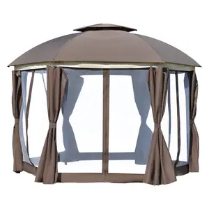 12' x 12' Round Outdoor Gazebo, Patio Dome Gazebo Canopy Shelter with Double Roof, Netting Sidewalls and Curtains, Zippered Doors, Strong Steel Frame, Brown